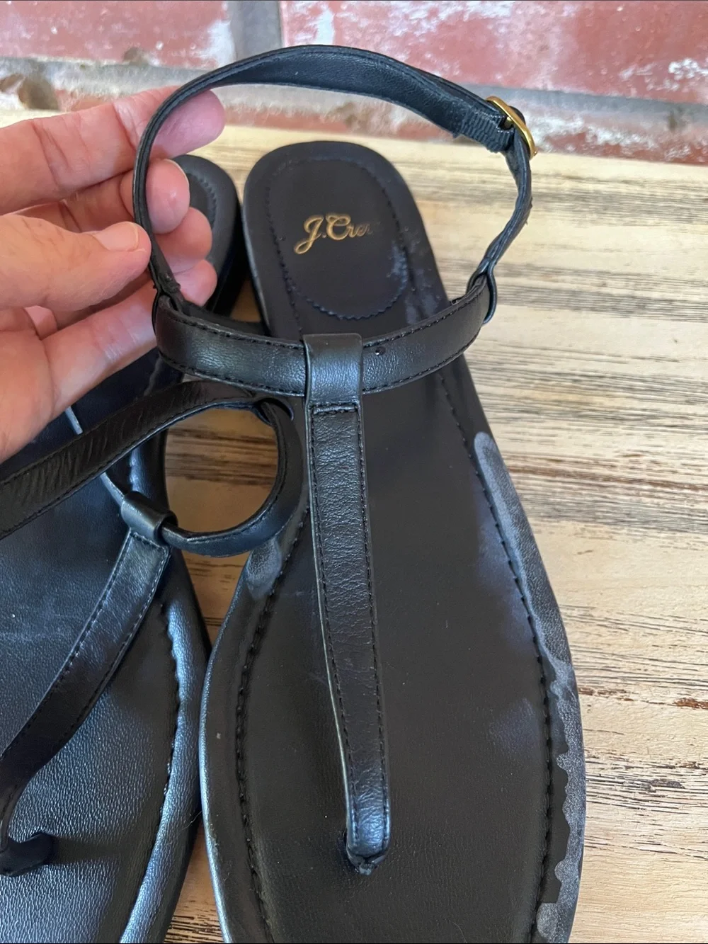 J. Crew Black Leather Loop T-Strap Sandals As Is Condition